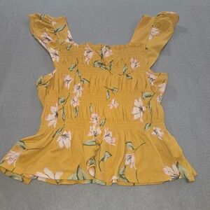 Meraki Peplum Top Womens Large Yellow Floral Smocked Ruffle Sleeve